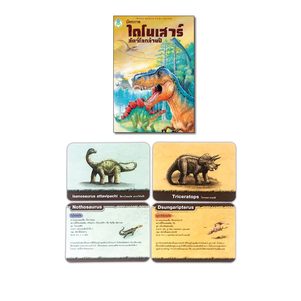 Book World Flash Card บัตรภาพ บัตรคำศัพท์ เรื่องไดโนเสาร์ สัตว์โลกล้านปี มี 32 แผ่น ไทย-อังกฤษ ประเภท ชนิด ขนาด อาหาร