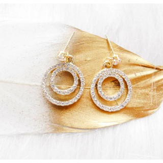 ต่างหูก้านเงิน 925 silver double circle diamond premium earring