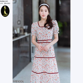 kudapy เดรสยาวสีแดง แขนจั้มกระโปรงยาวแต่งชั้น