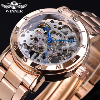 Winner Skeleton Dial นาฬิกาข้อมือ สายสแตนเลส กันน้ํา สีโรสโกลเด้น หรูหรา สําหรับผู้หญิง