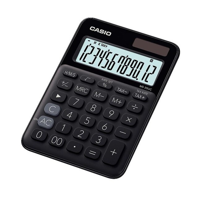 Casio Calculator เครื่องคิดเลข คาสิโอ รุ่น MS-20UC-BK แบบสีสัน ขนาดพอเหมาะ 12 หลัก สีดำ