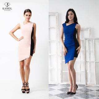 Kamol Closet – Agila Dress เดรสทำงาน ชุดออกงาน ปาร์ตี้ เดรสเข้ารูป แขนกุด คอเฉียง สั้นข้างยาวข้าง ทูโทน ดีไซน์ไม่สมมาตร