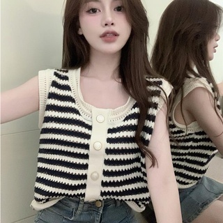 Suxi เสื้อยืดลําลอง แขนกุด ผ้าถัก ทรงหลวม ลายทาง เข้ากับทุกการแต่งกาย สไตล์วินเทจ แฟชั่นฤดูร้อน สําหรับสตรี