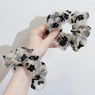 Scrunchie ยางมัดผมหางม้า ผ้าตาข่าย ยืดหยุ่น ลายดอกไม้ สีดํา หวานแหวว เครื่องประดับแฟชั่น สําหรับผู้หญิง