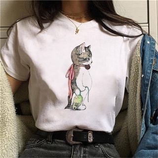 เสื้อยืดลําลองสําหรับสตรีแขนสั้นพิมพ์ลาย Bell cat Graphic Mujer Tops สีขาว