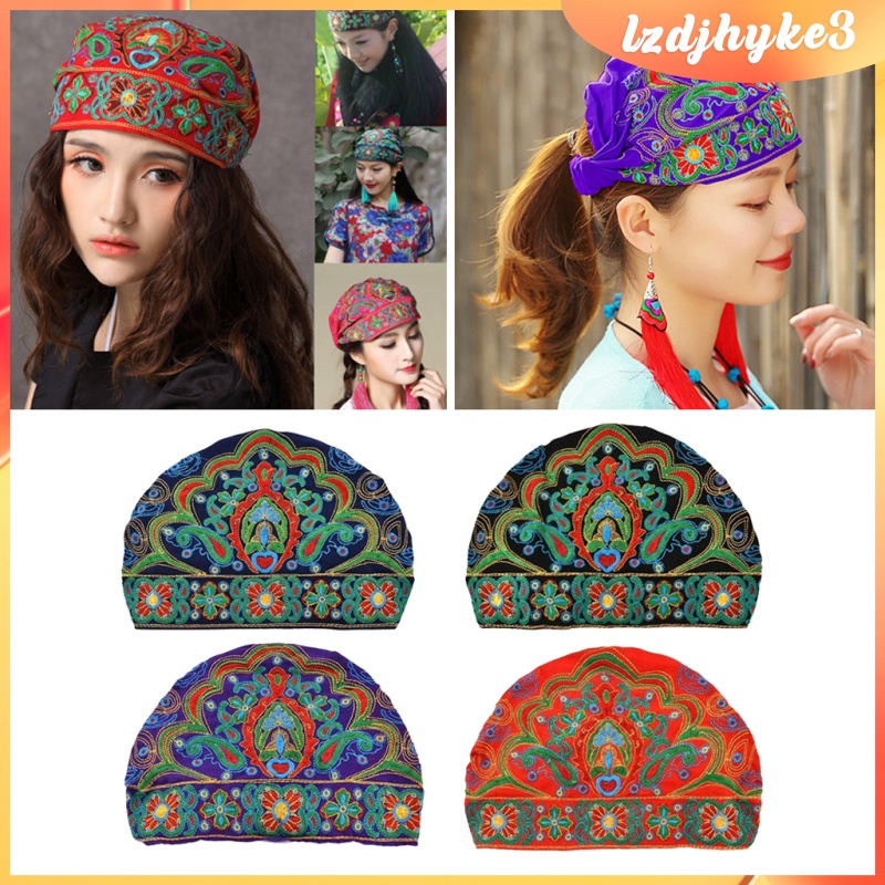 [lzdjhyke3] หมวกผ้าโพกหัว ผ้าพันคอ ปักลายดอกไม้ สไตล์ชนเผ่า สําหรับผู้หญิง