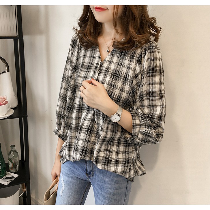 เสื้อสาวอวบ อก 50 นิ้ว BIGSIZE ลายสก้อต แฟชั่นสไตล์เกาหลี ราคาถูกที่สุด