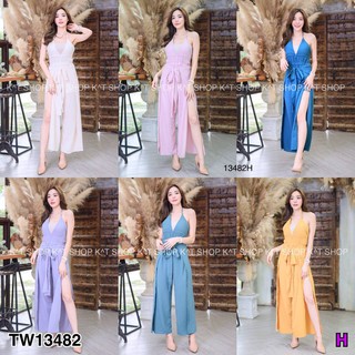 MF13482🍓 จั้มสูทขายาว สายเดี่ยว ด้านหน้า คอและหลังแต่งสายผูกโบว์ ผ้าชีฟองฟอกสีพื้น งานสวย ดีเทลเก๋สุดๆ รอบเอวยืดสม็อค