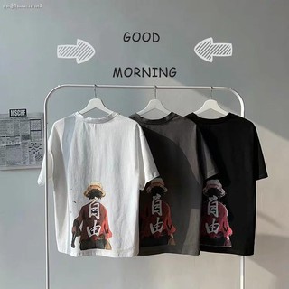 เสื้อยืดOne Piece เสื้อยืดลูฟี่พิมพ์หลวมสุทธิสีแดง Ins น้ำแขนสั้นผู้ชายสั้นนักเรียนครึ่งแขน