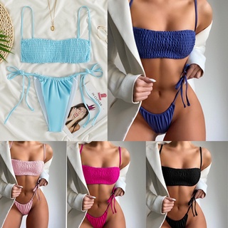 [พร้อมส่ง] Bikini สุดฮิต บิกินี่สายฝอ แบบเชือกผูก ผ้าย่นๆ มีฟองน้ำและซับในอย่างดี สวยเซกซี่มาก