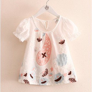 เสื้อเด็กหญิงผ้าฝ้ายเนื้อนุ่มแขนตุ๊กตาปักดอกไม้ทั้งตัว
