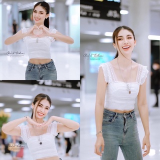 🌈SpinnyHouse🌈 เสื้อกล้าม ลายลูกไม้ ครอปแต่งผ้าทวีตทั้งตัวใส่แล้วดูหรูหรามากๆ งานนำเข้า 🤪รุ่น พลอยชมพู D401B