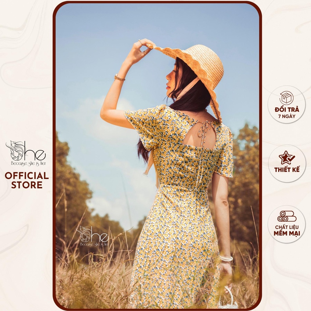 เธอชุดเดรสผู้หญิงคอเหลี่ยมน่ารักอ่อนเยาว์เดรสทรงเอแขนสั้นลายดอกไม้ SDX124