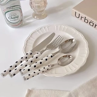 [พร้อมส่ง] 🍽ช้อนส้อมลายจุด ขาว-ดำ ช้อนส้อมมินิมอล ช้อนส้อมคาเฟ่