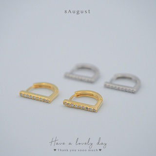 8August ต่างหูเงินแท้ ต่างหูห่วง ฝังเพชร 9 เม็ด ดีไซส์สวย หรู ขนาด 8mm Hoop Earrings S925 (A20)