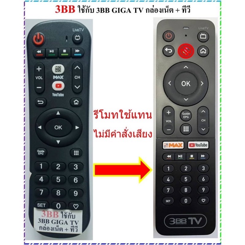 รีโมทกล่อง 3BB GIGA TV กล่องเน็ต+ทีวี (ไม่มีคำสั่งเสียง) ใช้กับกล่อง 3BB ได้เลยไม่ต้องตั้งค่า