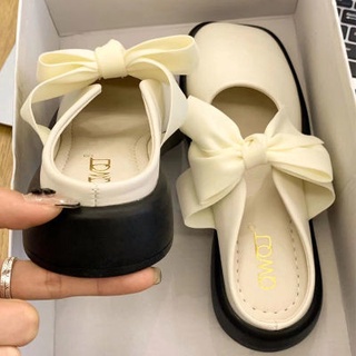 🔥Hot Sale/22523French Baotou Half Slippers Womens Outer Wear 2022 New Flat Bow Muller Shoes