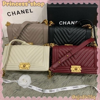 Princessshop chanel boyชาแนลบอย10"หน้าวีอะไหล่ทองหนังคาเวียร์