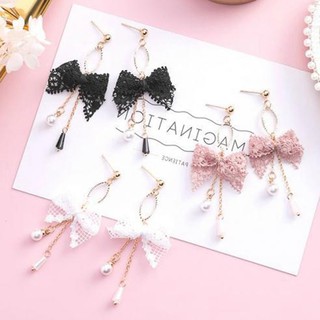Fq พร้อมส่ง ต่างหู ริบบิ้น ลูกไม้ สไตล์เกาหลี