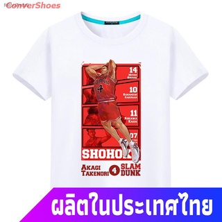 การพิมพ์ฝ้ายConverShoes เสื้อยืดผู้ชายและผู้หญิง Slam Dunk T-shirtSlam Dunk เสื้อยืดแขนสั้นผู้ชายหลวมรอบคอบาสเกตบอลกีฬาก