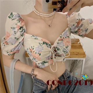✿™❀เสื้อครอปแขนสั้น คอวี พิมพ์ลายดอกไม้ แฟชั่นผู้หญิง