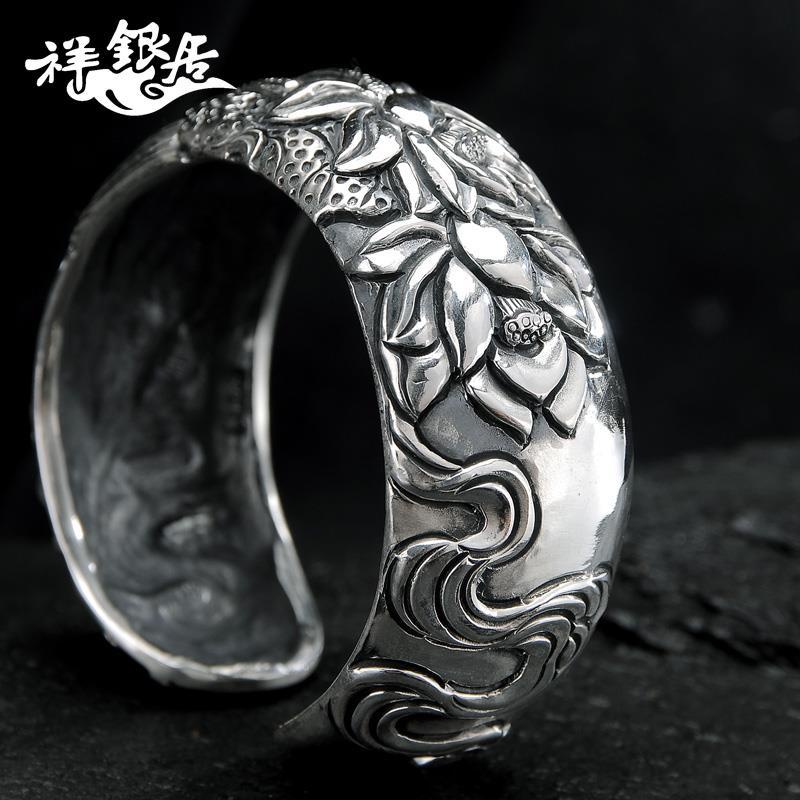 Xiangyinju Original Design Open Wide Face Retro Time 999 Sterling Silver Bracelet นูน Lotus Lotus Pure Silver Bracelet
