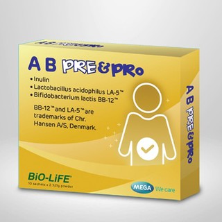 Mega We Care A B Pre&amp;Pro 10 sachet เมก้าวีแคร์ เอ บี พรีแอนด์โพร 10 ซอง Prebiotic + Probiotic