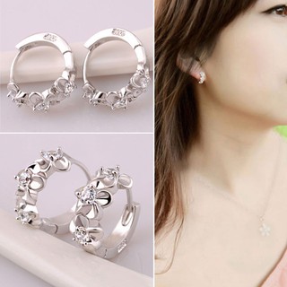 Lady ดอกไม้หวาน 925 เงินสเตอร์ลิง Rhinestone Huggie ต่างหู Hoops