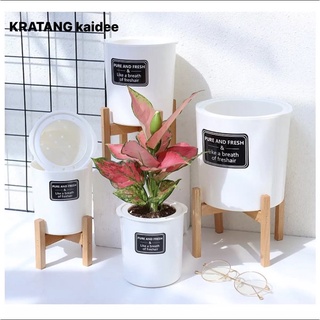 KRATANG kaidee กระถาง กระถางต้นไม้ สีขาว + พร้อมขาตั้งไม้ รดน้ำอัตโนมัติ กระถางต้นไม้พลาสติก กระถางไม่ต้องรดน้ำ