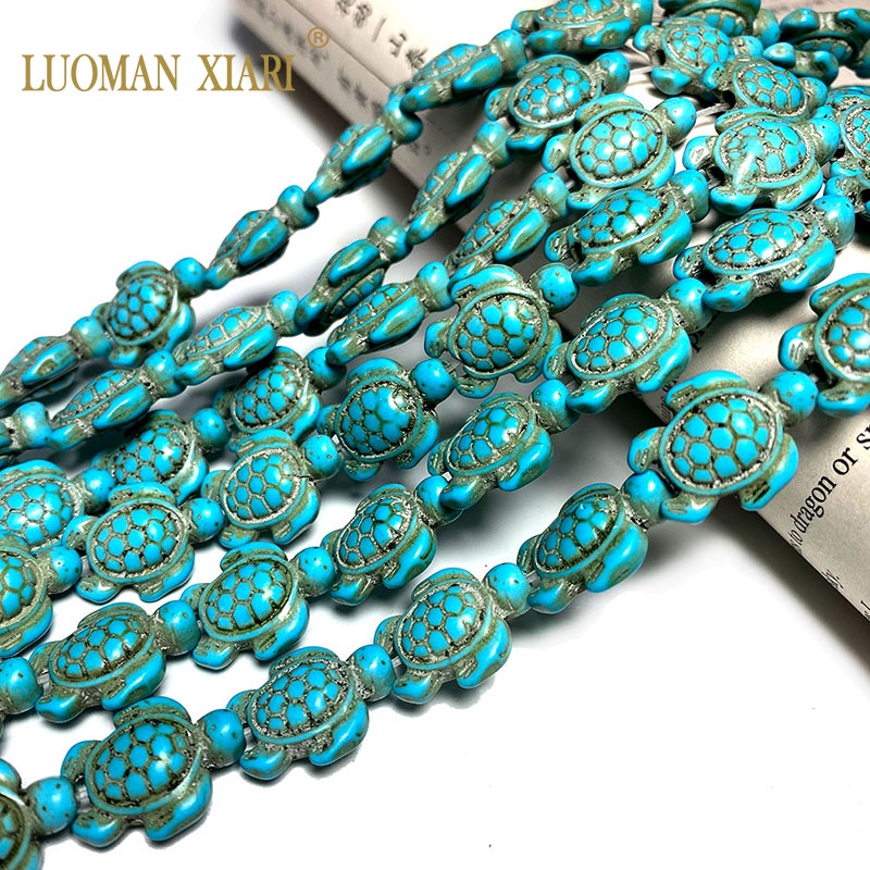 LUOMAN XIARI Spot Blue Turquoise เต่าหลวมหินธรรมชาติลูกปัดสัตว์ Spacer ลูกปัดสําหรับเครื่องประดับทํา DIY สร้อยคอสร้อยข้อมือประมาณ 36-38 ซม.