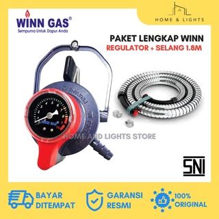 WINN Regulator Gas W900M Triple Lock - Regulator Gas dengan Triple Lock Pengunci Ganda & Karet Seal Pengaman, Hemat Gas, Mudah Dipasang, Lulus SNI, Pilihan Paket Regulator + Selang