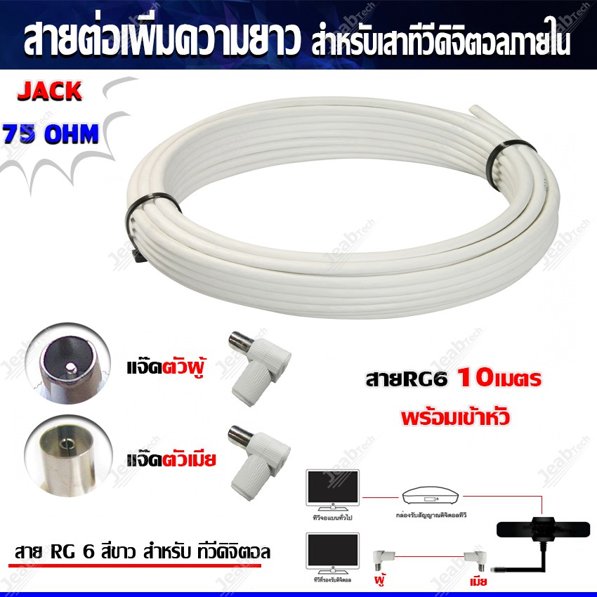 สายRG6 ยาว10เมตร พร้อมเข้าหัว (แจ๊คตัวผู้+แจ๊คตัวเมีย) สายต่อเพิ่มความยาว สำหรับเสาอากาศดิจิตอลทีวี (สีขาว)