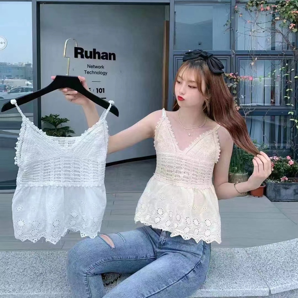 สินค้าพร้อมส่ง เสื้อถักปักลายฉลุสายเดี่ยวสีพื้นแฟชั่นเกาหลีGZSX19