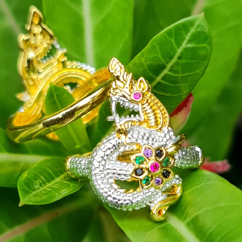 แหวน พญานาค สองกษัตริย์ เงินทอง ฝังพลอยหลากสี - ปรับได้6-11(50-65) งานหุ้มทองแท้หนา 5 ไมครอน ไม่ลอก ไม่ดำ