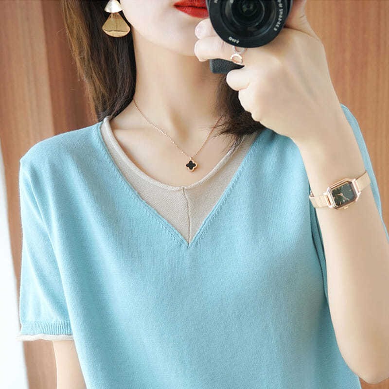 เสื้อยืดแขนสั้น คอวี ผ้าเรยอนถัก ทรงหลวม สีพื้น สไตล์เกาหลี สําหรับ ...