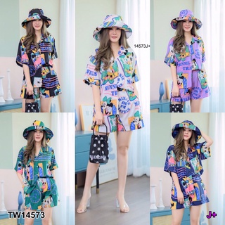 TW14573 Set 3 ชิ้น #สาวอวบ เสื้อเชิ๊ตฮาวาย แขนสั้น ทรงโอเวอร์ไซส์ คู่กับกางเกงขาสั้น เอวสม็อกหลัง