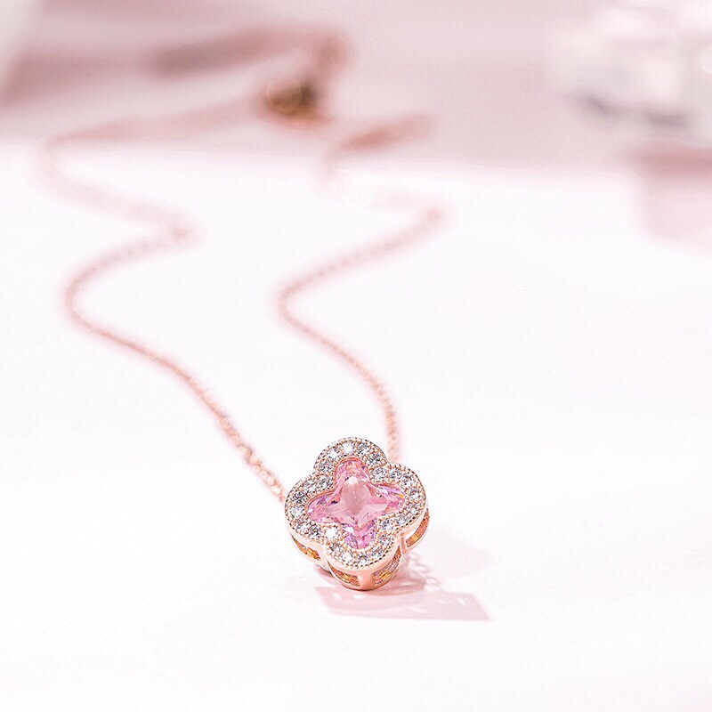 787 สร้อยคอผู้หญิง 18k gold Plated titanium Clover Leaf Gem rosegold/ทอง