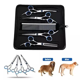 🐶ส่วนลดพิเศษ🔥6pcs กรรไกรตัดขนสัตว์เลี้ยงสุนัขแมว พร้อมหวีสแตนเลสและกระเป๋าสำหรับเก็บ🎁