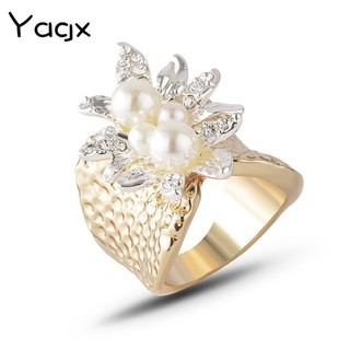 Alloy gold-plated two-color diamond leaf pearl ring ring