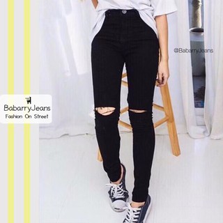 BabarryJeans ยีนส์ทรงเดพ ยีนส์ผ้ายืด เอวสูง ขาดเข่า สีดำซุปเปอร์แบล็ค