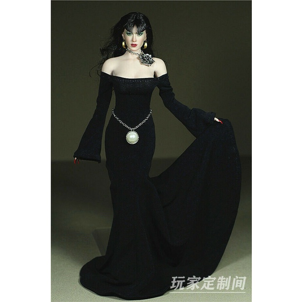 In-Stock 1/6 Scale Sexy Fancy Vampire Long Evening Black Dress for TBLeague Body Custom Female Girl 