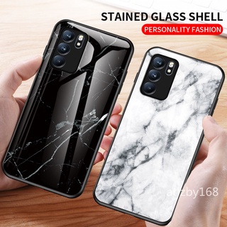 เคสโทรศัพท์แข็งกระจกCasing Oppo Reno 6 5G 6Z 5 Reno6 Reno6Z Reno 5 Pro Reno5 Reno5Pro5G Phone case Back Glass TPU Edge Casing Marble Drawing Shockproof Cover