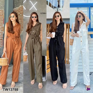 Jumpsuit จั๊มสูทยาว คอปก กระดุมหน้า แขนกุด