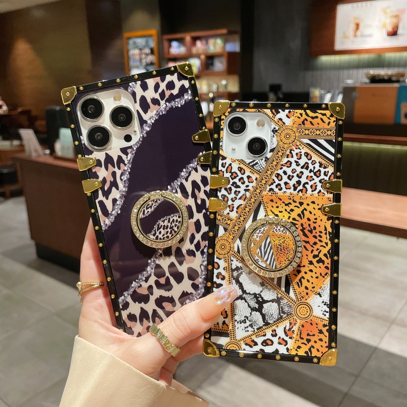 เคสโทรศัพท์มือถือ ทรงสี่เหลี่ยม กันกระแทก ลายเสือดาว ประดับเพชร พร้อมแหวนนิ้ว สําหรับ iPhone 14 Pro MAX 13 Pro MAX 12 Pro MAX XR XS MAX 6S 7 8 PLUS SE2