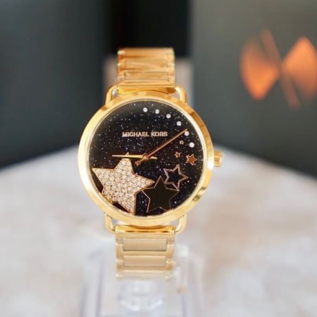 (ผ่อน0%) นาฬิกา mk สเตนเลส สีทอง MICHAEL KORS Portia Black Crystal Pave Dial Ladies Watch  MK3794 GOLD TONE