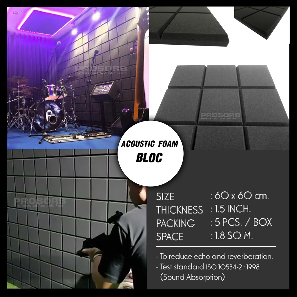 (5 ชิ้น/แพ๊ค) แผ่นฟองน้ำซับเสียง Acoustic Foam BLOC ลายตารางสี่เหลี่ยม ลดเสียงสะท้อน แบรนด์ Prosorb