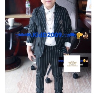 สูทเด็ก Boy suit สีดำลายทาง ผ้ากึ่งสแปนเด็กซ์ ใส่สบาย เซท 2 ชิ้น เกาหลีสไ ขนาด 7, 9, 11, 13, 15, 17 (ประมาณ 2-11 ปี)