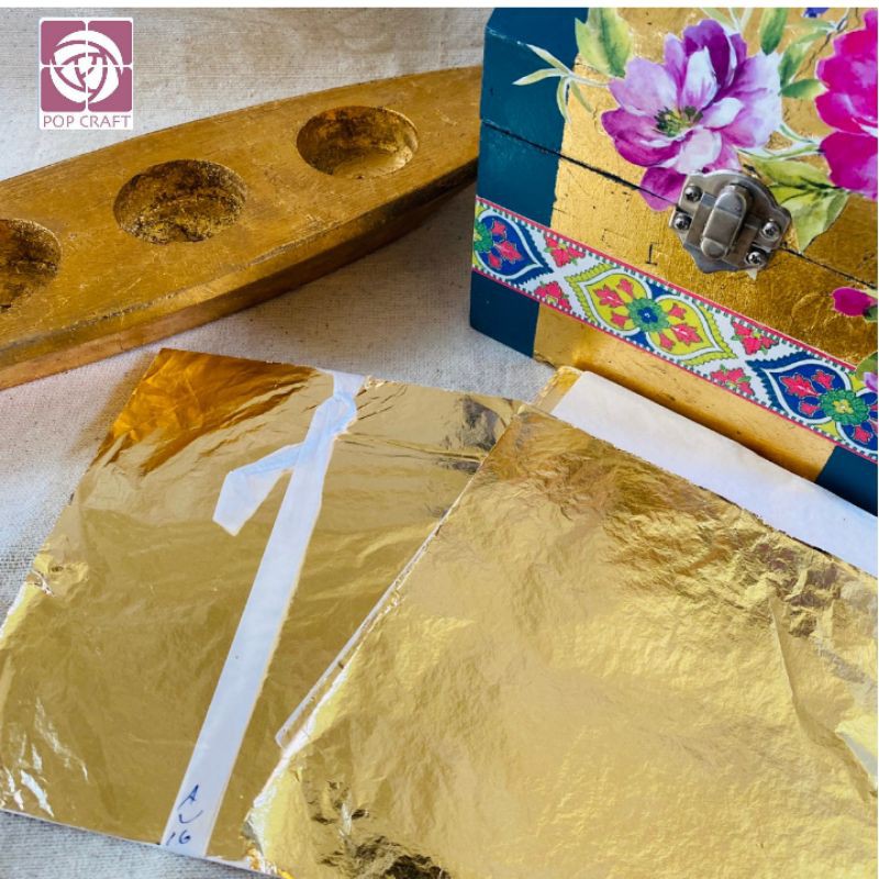 แผ่นทองคำติดงานศิลปะ ภาพวาด Gold Leaf 4 แผ่นใหญ่ เครื่องประดับดินปั้น ตกแต่งงานไม้