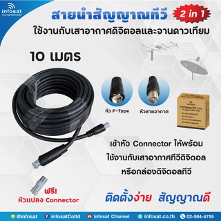 สายนำสัญญาณ10 เมตร TV10 ใช้กับดิจิตอลทีวี จานดาวเทียม พร้อมหัวแจ๊คทีวี และหัวแปลงเป็นหัวเกลียว