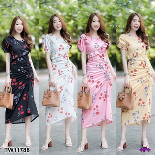 Maxi dress ลายดอกน่ารักๆ ดีเทลแต่งผ้าระบายด้านหน้า